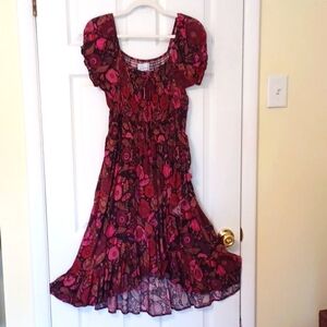 Margaux Riviera, sz M, floral print Midi, boho dress in pinks, brown and burgund